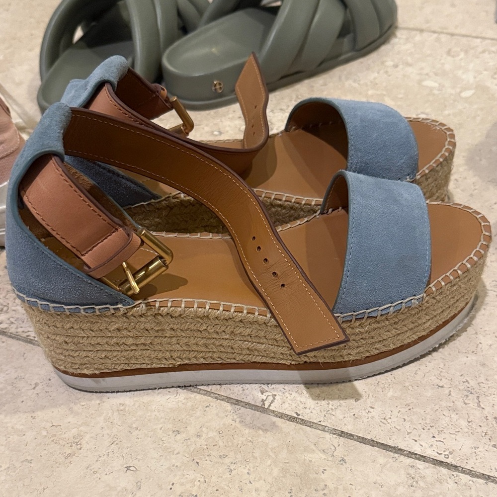 See By Chloe Blue and Brown Espadrille Wedges